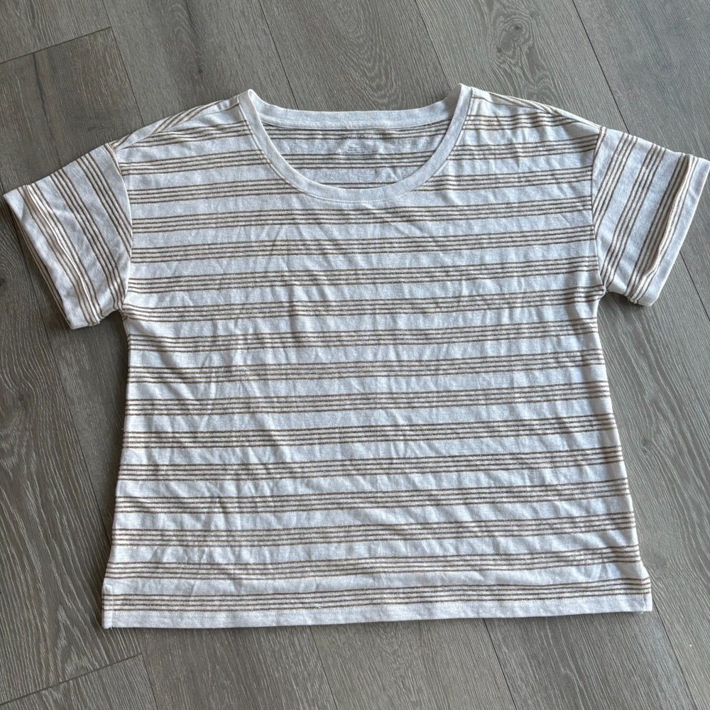 Talbots Womens White & Gold Metallic Striped‎ Short Sleeve Linen T-Shirt Size XL